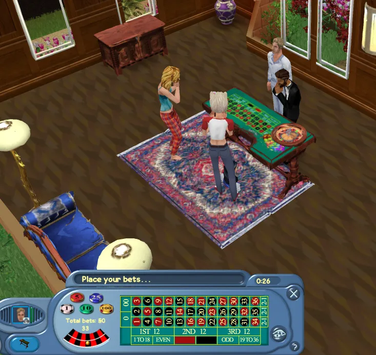 Sims placing bets at a roulette table