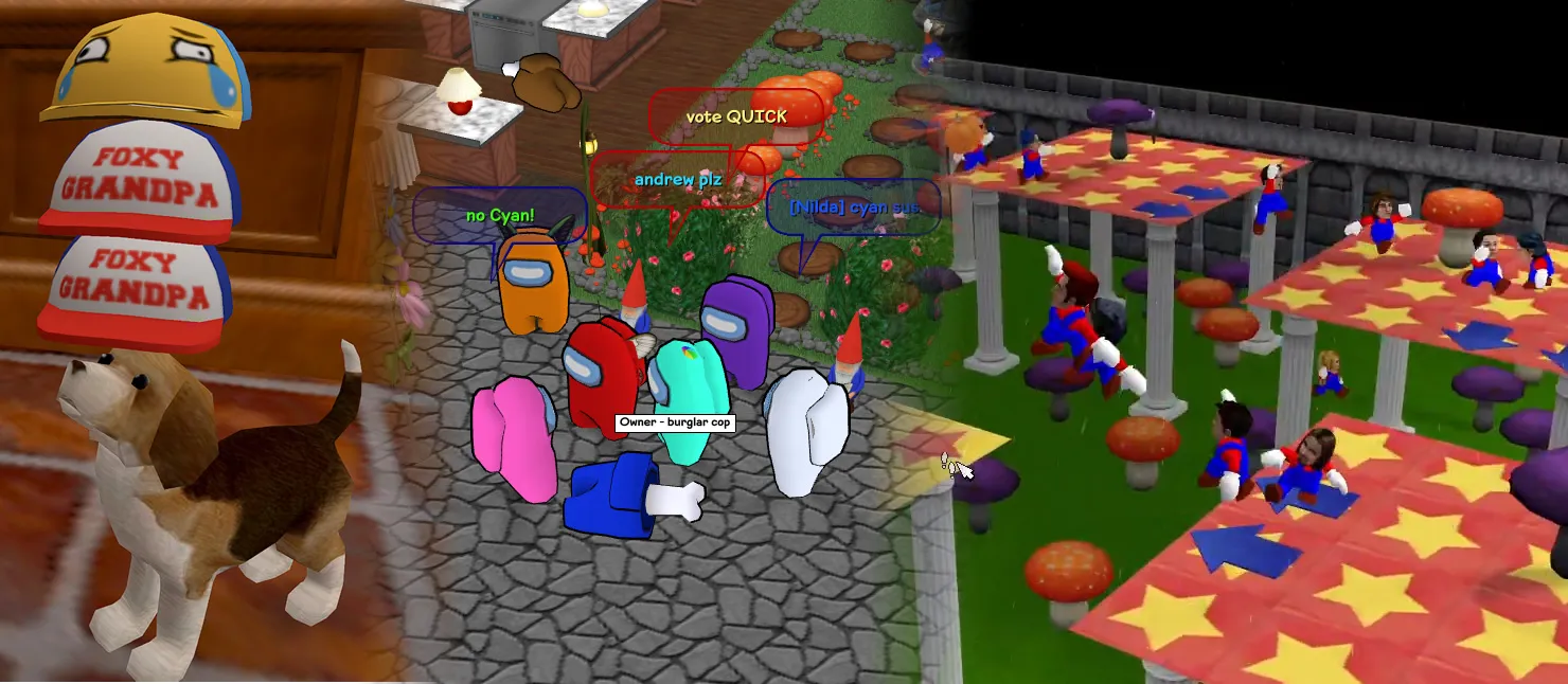 Image showing multiple April Fools events over the years: A dog with many hats, AmongSO, and a platforming challenge