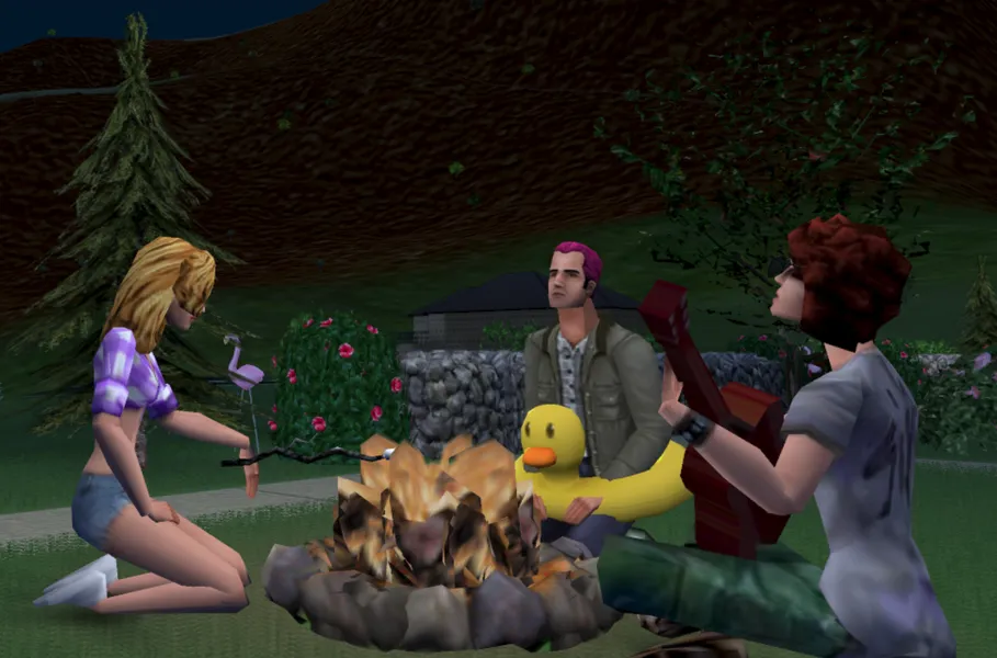 Three players hanging around a campfire. Bonus points if you can name the sims