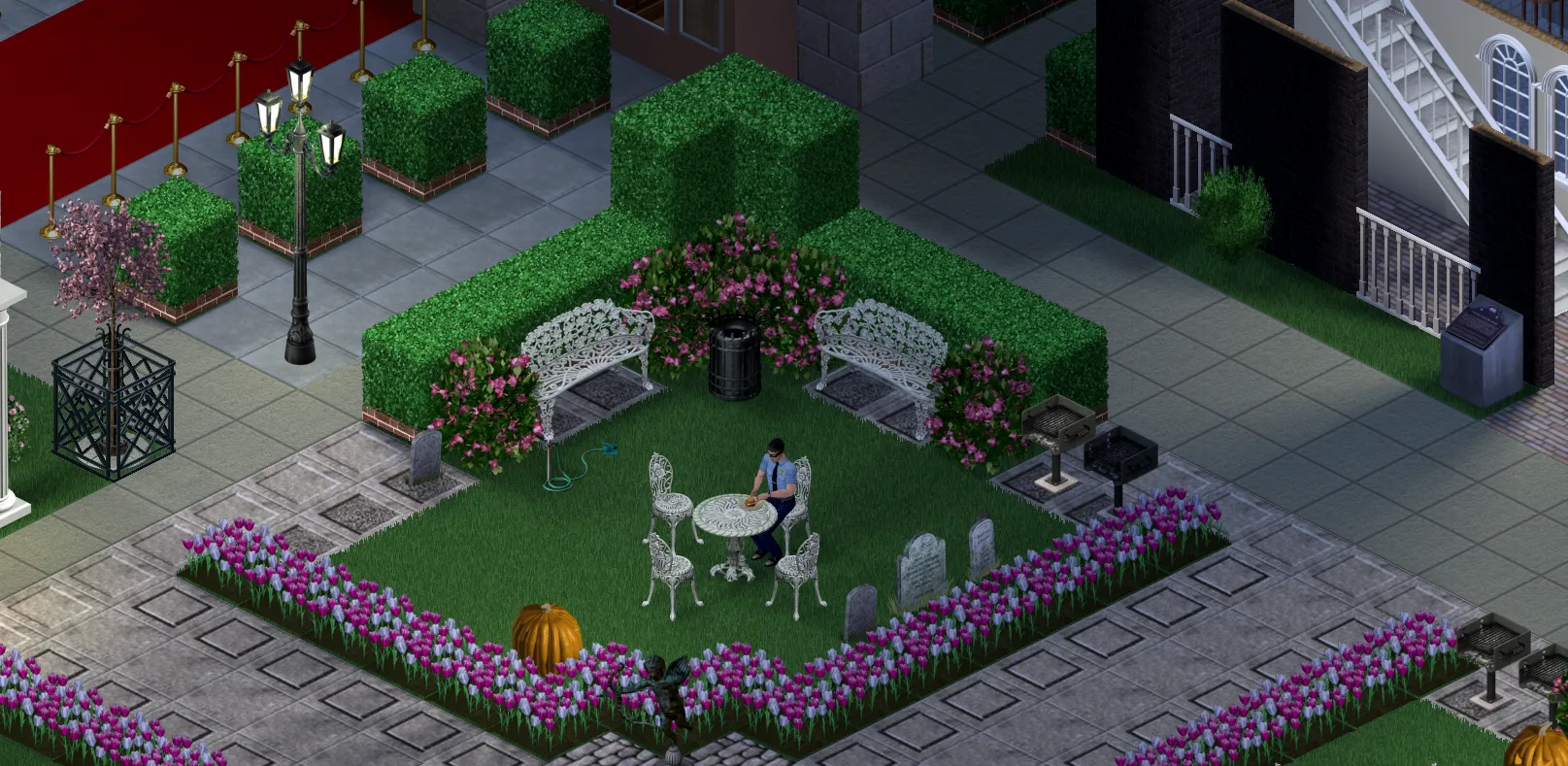 Burglar Cop sitting alone in a park, eating a burger, on the FreeSO.ml lot from 2016
