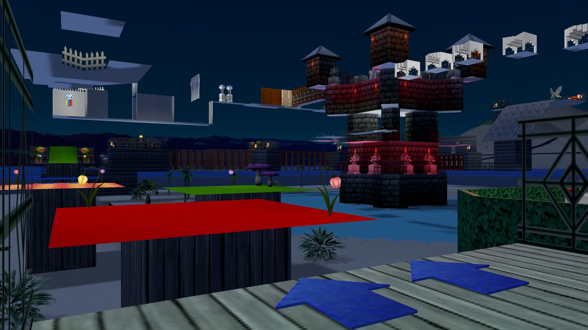 A view of the One-Hundred-Twenty-Eight platforming course, featuring a spooky castle in the middle