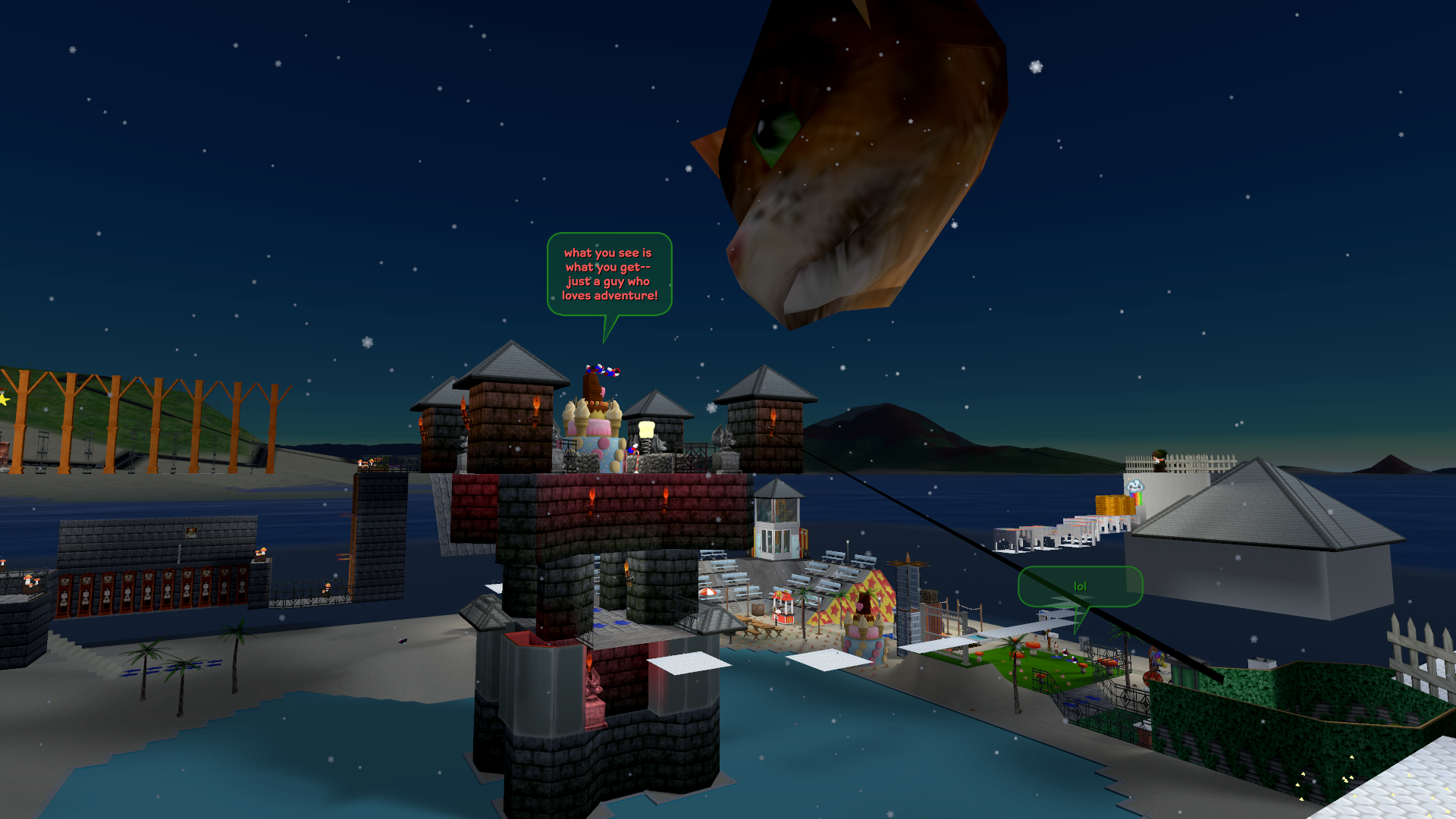 A giant cat head floating over a castle with a cake on top. One of the players on top of the castle says: "what you see is what you get-- just a guy who loves adventure!"