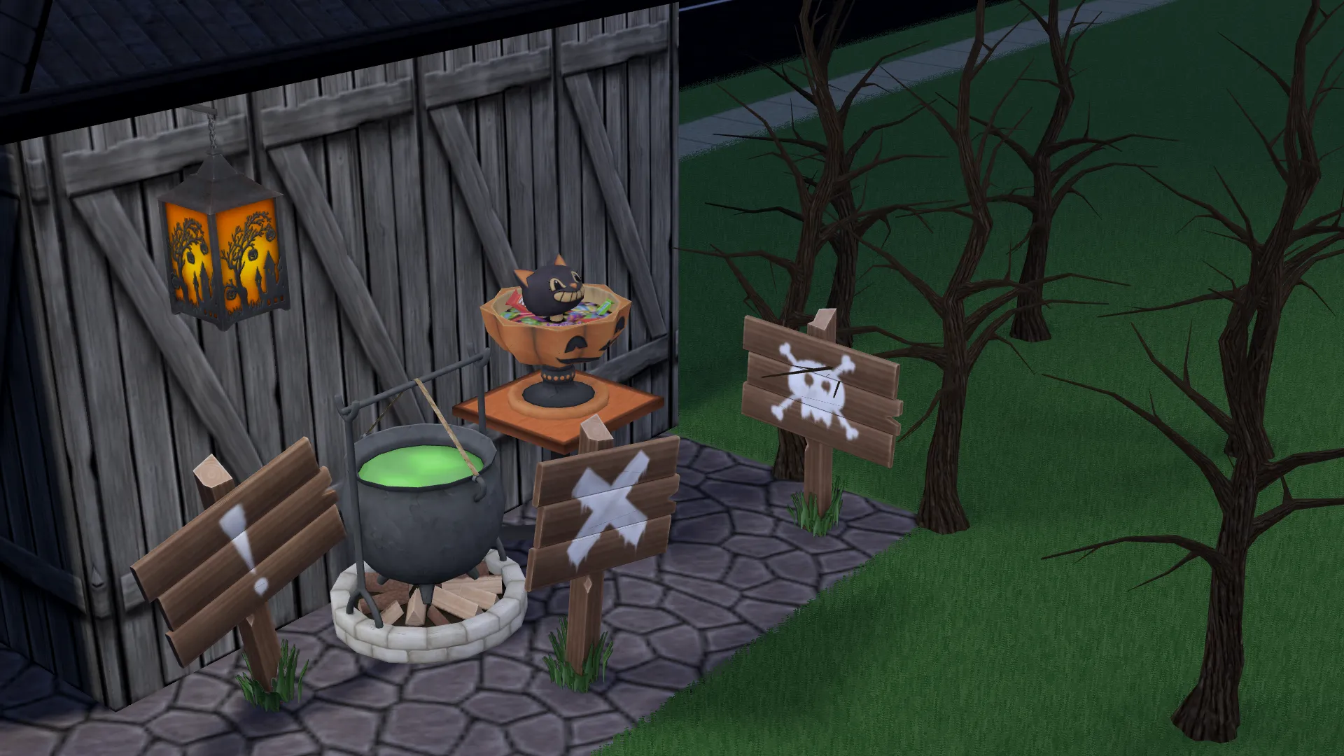 3 signposts, a cauldron, a lantern, a candy disk, and dead tree objects