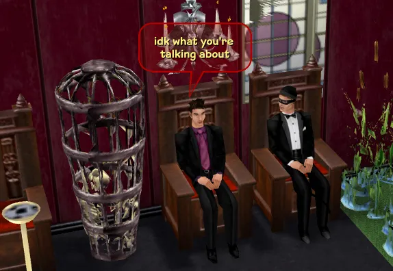 An image of Andrew saying "idk what you're talking about" to Burglar Cop, while both sit on thrones next to a skeleton in a cage