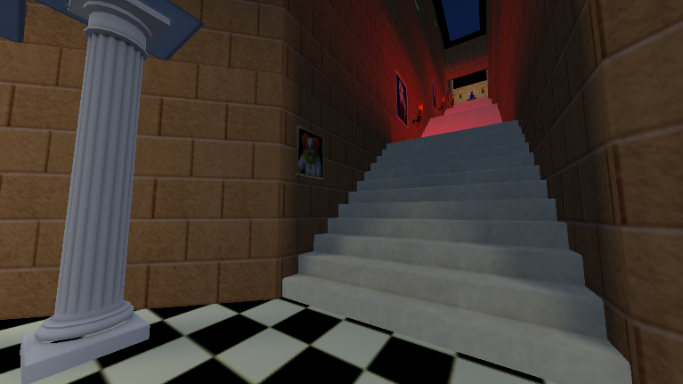 An eerily familiar staircase in a brick stairwell with red lights and paintings