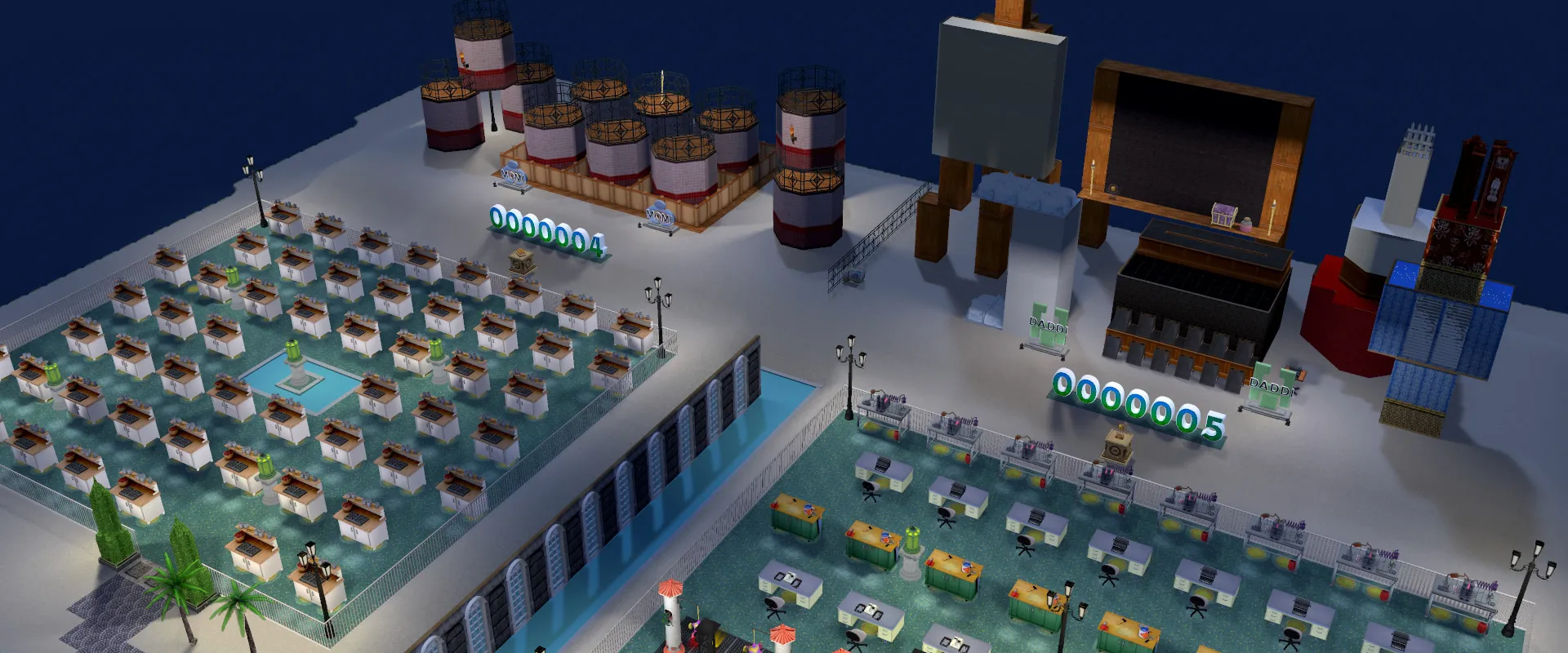 Distant shot of a split battleground - the left side with only Jams tables, and the right with every other type of money object. On each side there are giant representations of the respective objects behind a score counter