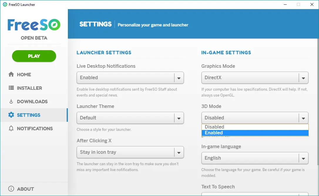The FreeSO Launcher with a 3D Mode toggle