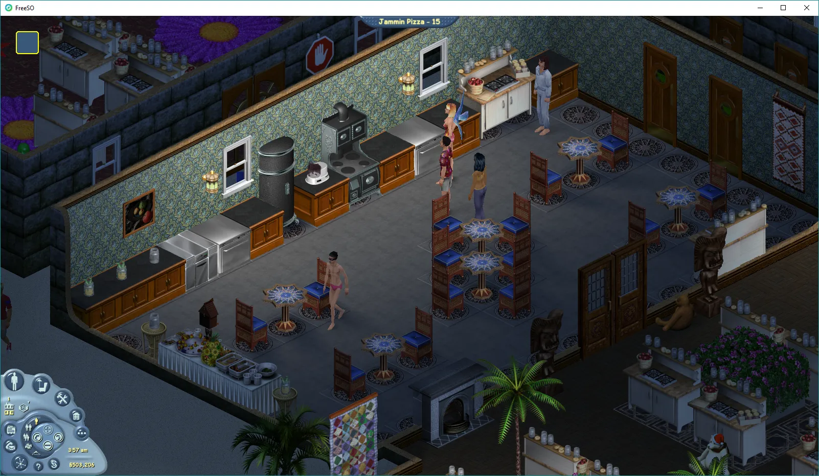 burglar cop walking to the buffet at Jammin Pizza in his swimwear