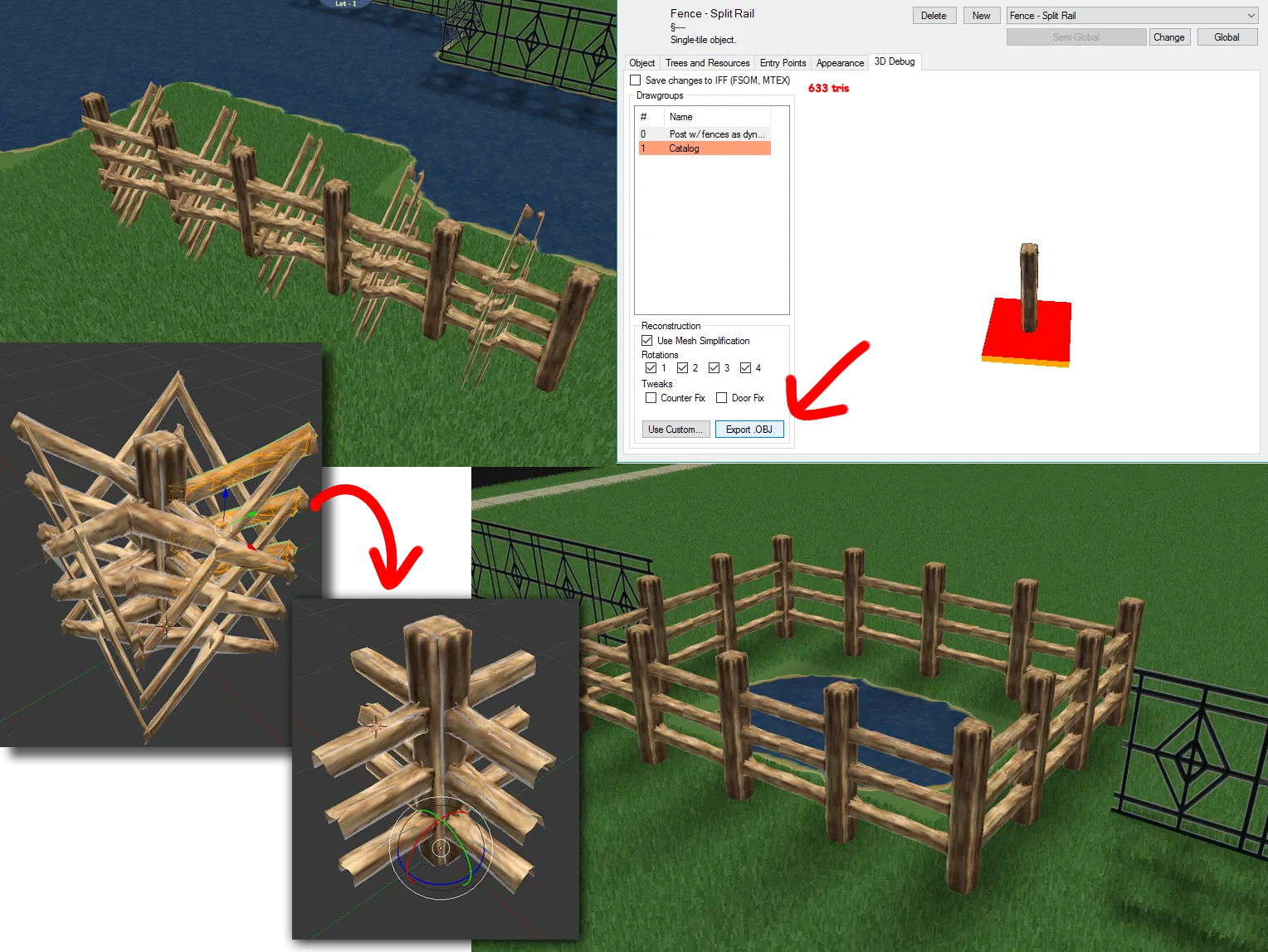 An example process of exporting an ingame mesh, touching it up in Blender, and re-importing the fixed version of the mesh in the game.