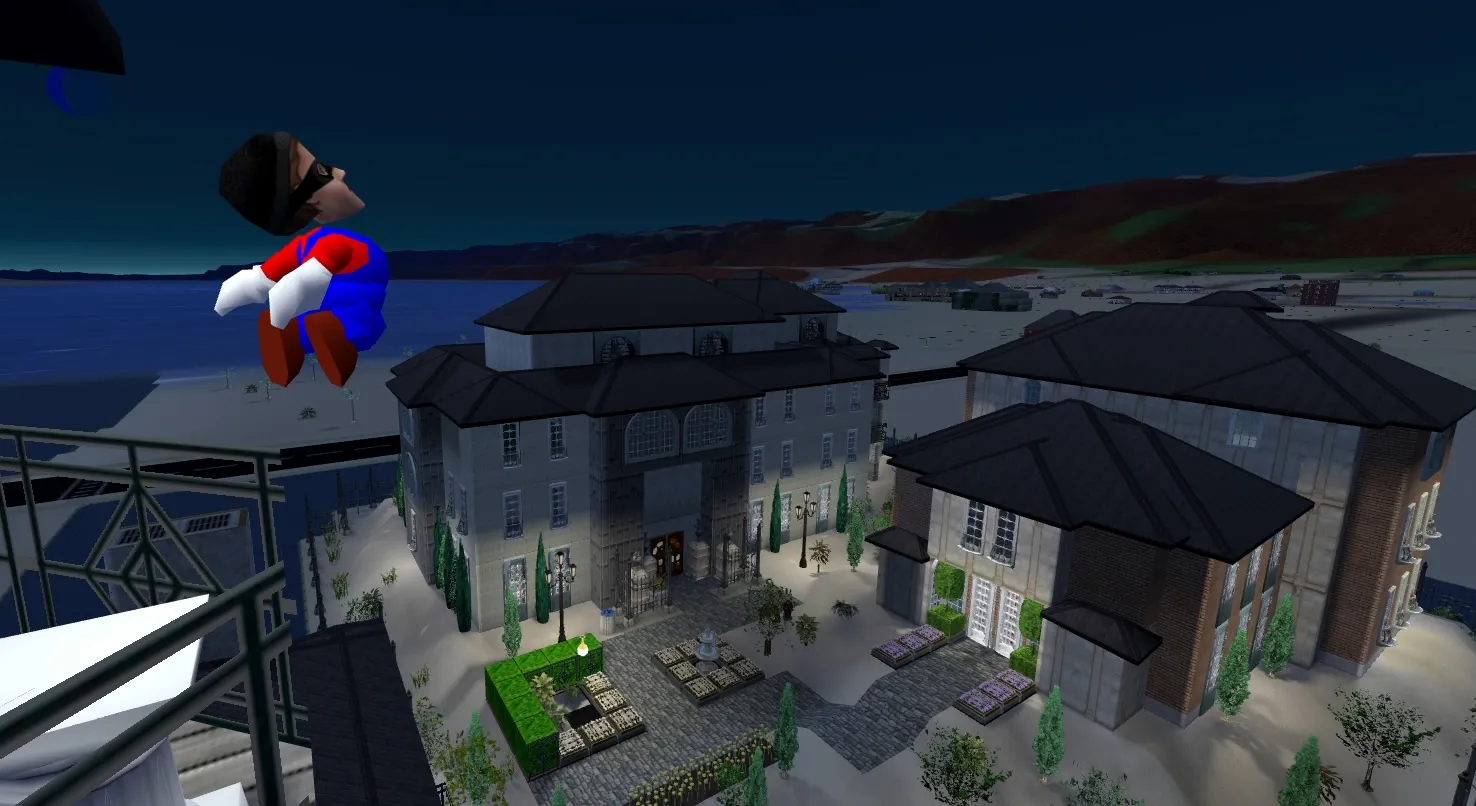 Burglar Cop in an unusually short body long-jumping from the top of a tower