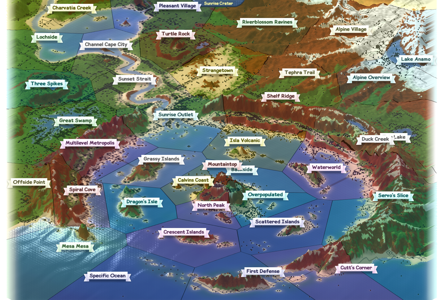 Sunrise Crater with placeholder neighborhood names overlaid