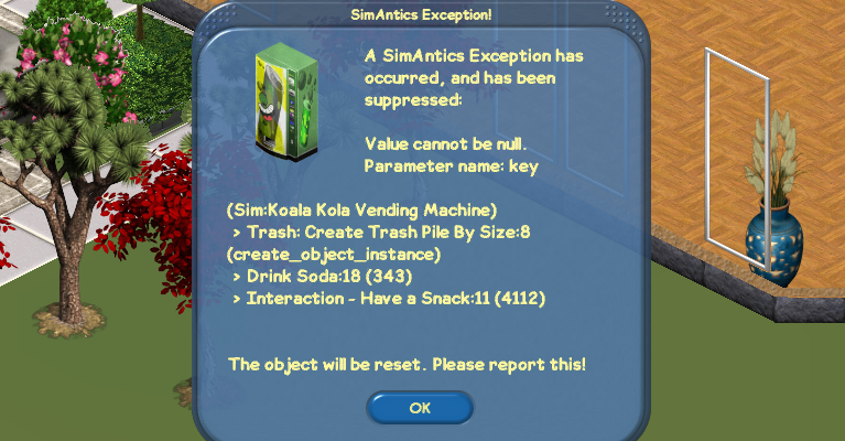 SimAntics Exception window