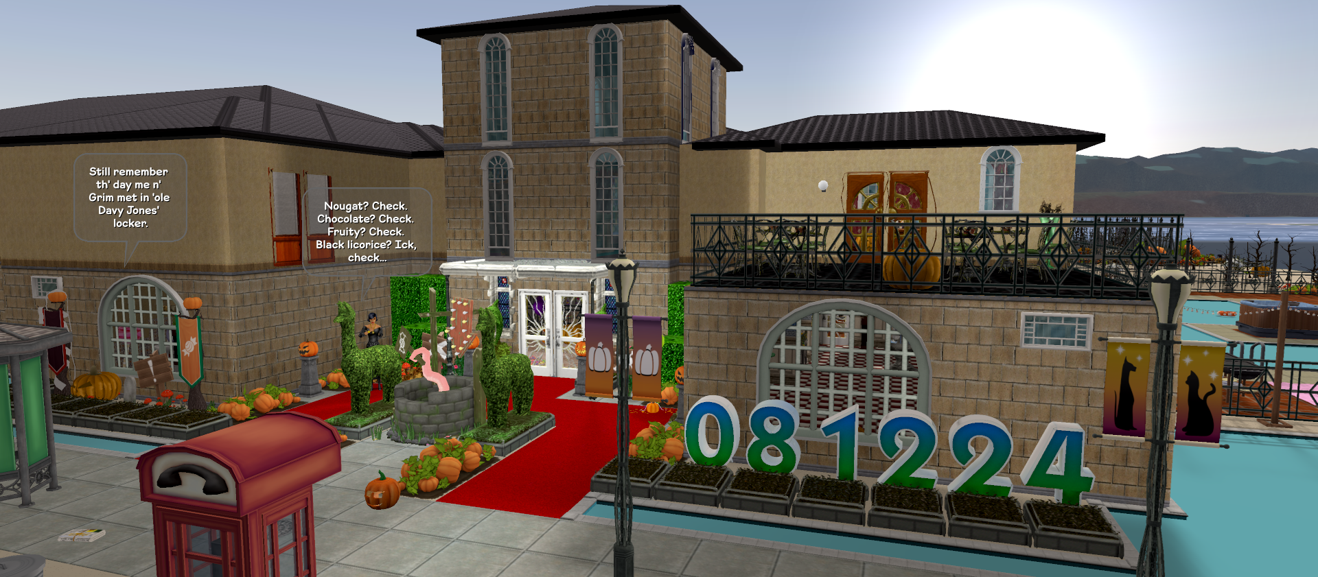 An image of the in-game lot "Party Island", featuring a well with a tentacle reaching out of it. The witch Madge Cal is visible beside the front door. A score counter reads "081224".