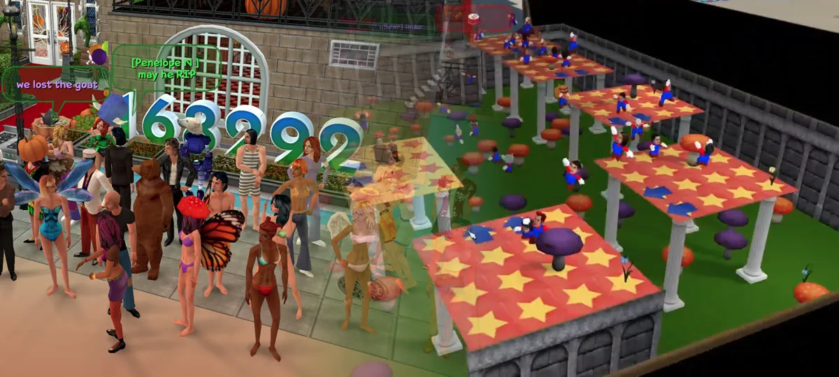 An image showing two FreeSO events filled with players - the first being the Spooktacular Candy Bash from the October 2024, and the second being the April Fools platforming event