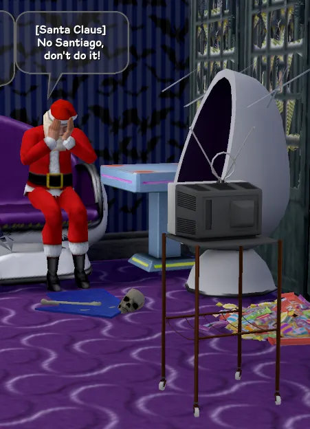 Santa Claus watching a monochrome TV, exclaiming "No Santiago, don't do it!"