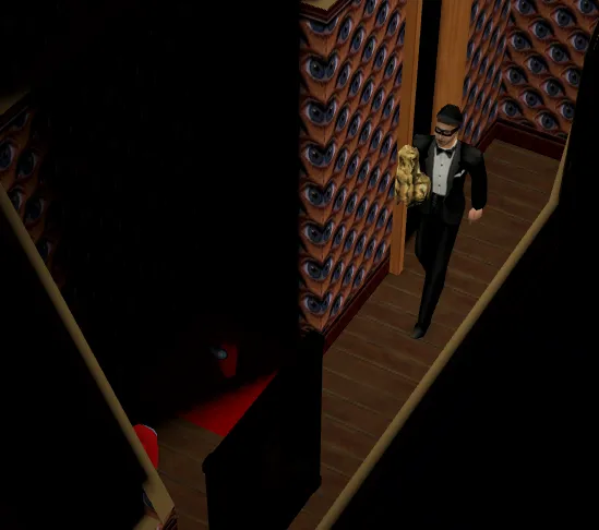 burgular cop turning the corner of the maze to a sus encounter