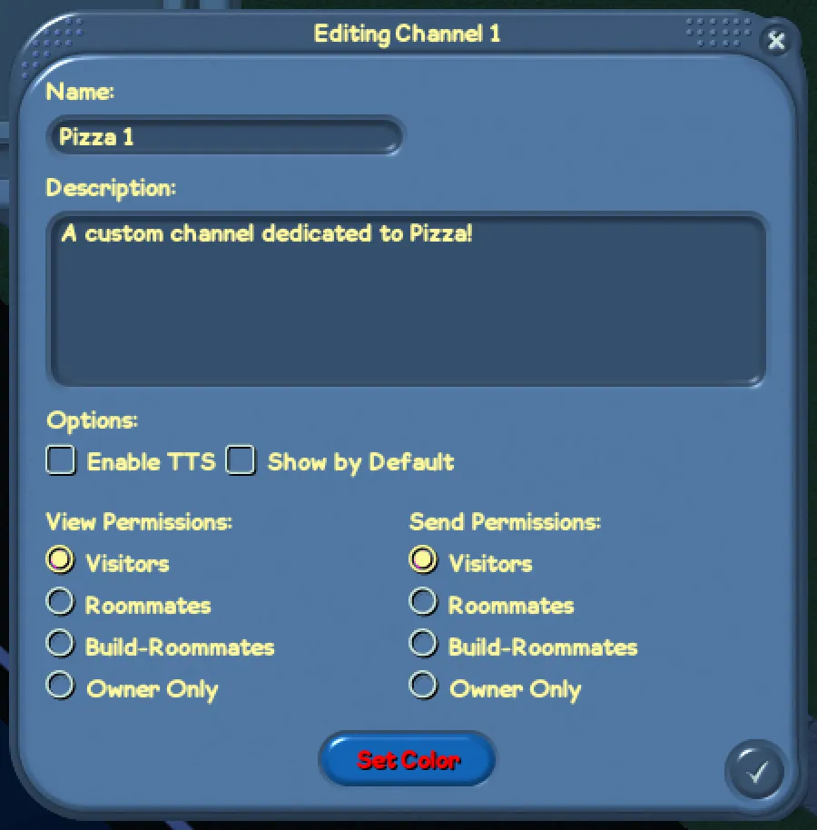 The channel edit window, showing the current options. The description appears as a tooltip when you mouse over the channel.