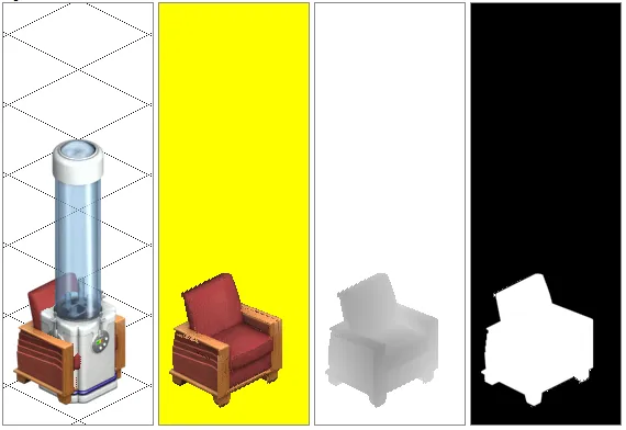 An object rendered alongside its Z and alpha channels. The Z channel allows pixel perfect intersection with other objects and avatars.